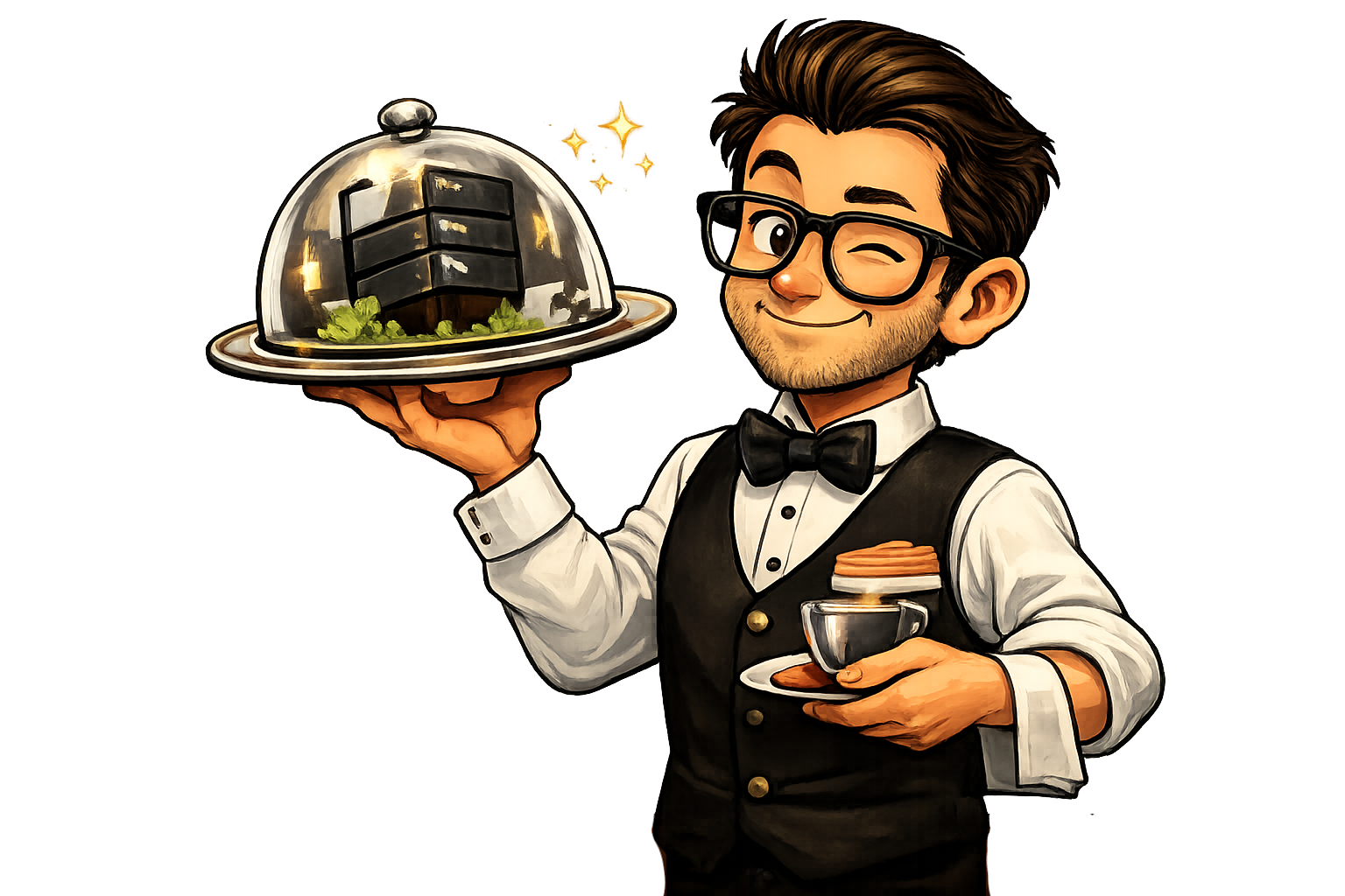 Garçon serveur présentant un plateau avec serveurs